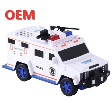tùy chỉnh xe cảnh sát robot đồ chơi tiền xu ngân hàng phim hoạt hình với in ngón tay hộp tiền nhựa