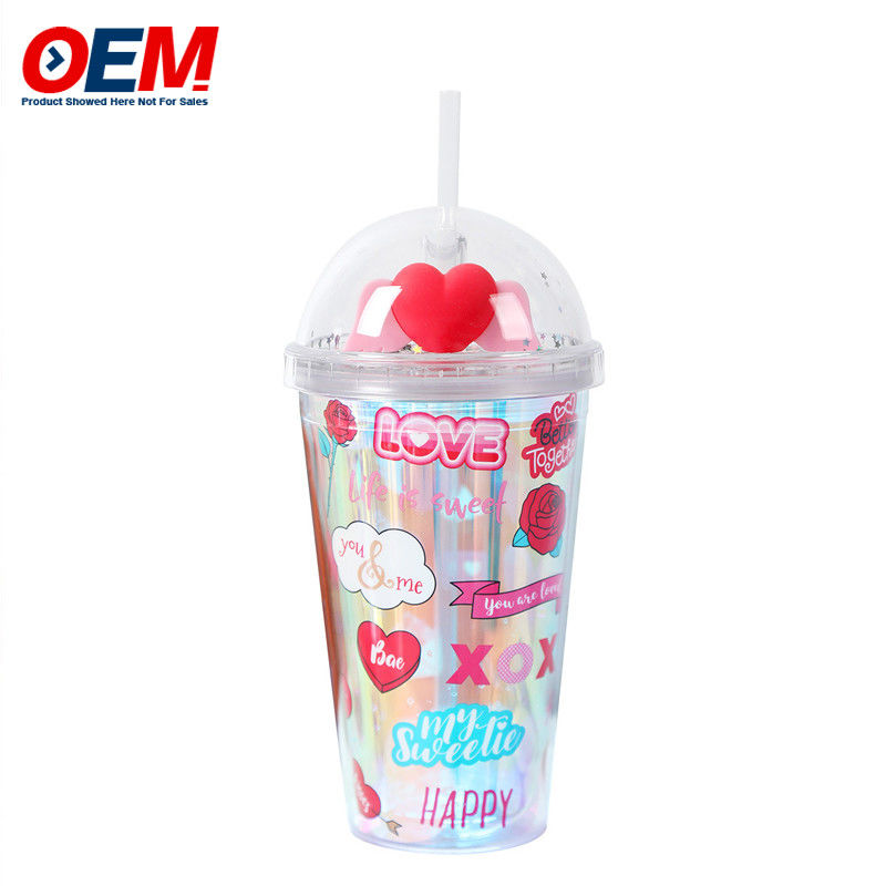 Custom PP Double Wall Cup With Straw OEM Sweet Heart 450ml Cốc nước bằng nhựa