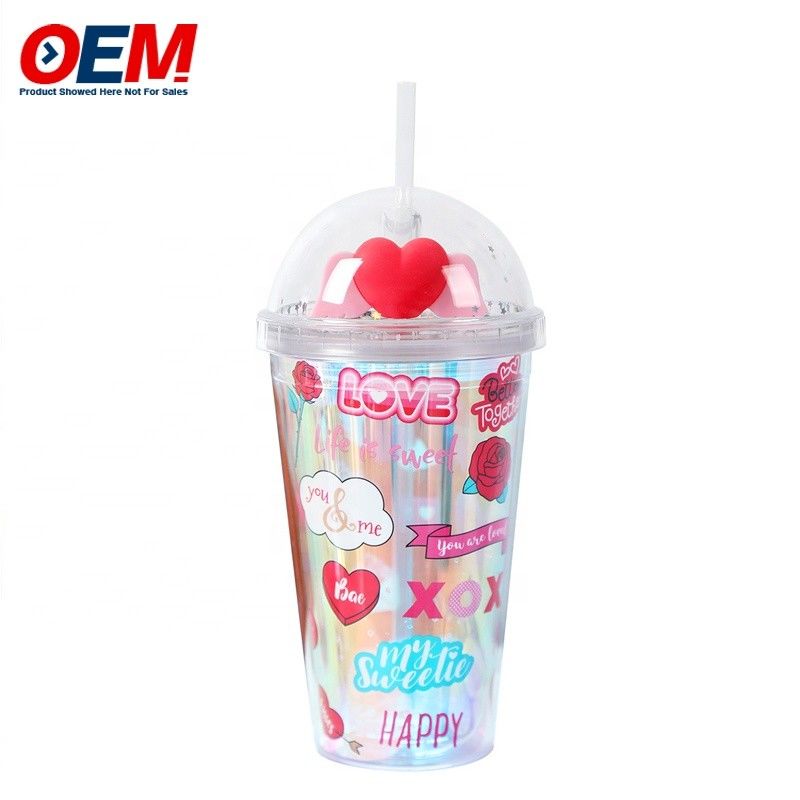 Nhà máy tùy chỉnh PP Double Wall Cup With Straw OEM Plastic Cup Cute Bear Water Cup