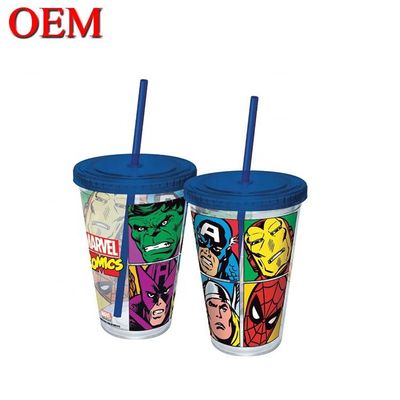 Nhà cung cấp chất lượng cao tùy chỉnh Marvel hai bức tường nhựa Cup du lịch với rơm