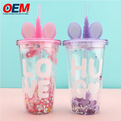 Customized PP Double Wall Cup With Straw OEM 450ml Plastic Cup Made High Quality Cute Unicorn Water Cup (Tấm cốc bằng rơm)